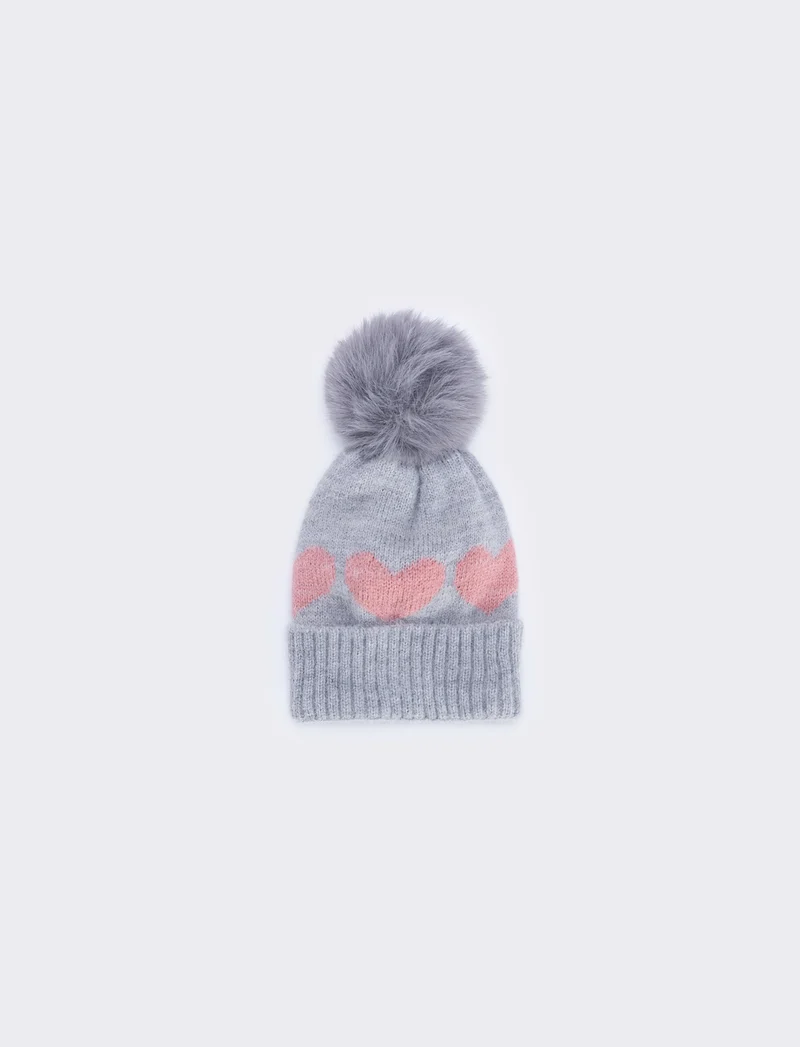 Cappello pon pon con cuoricini vivaci - Grigio