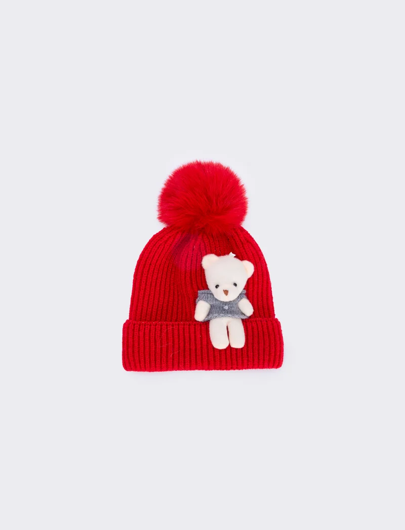 Cappello con orsetto e pon pon unico - Rosso