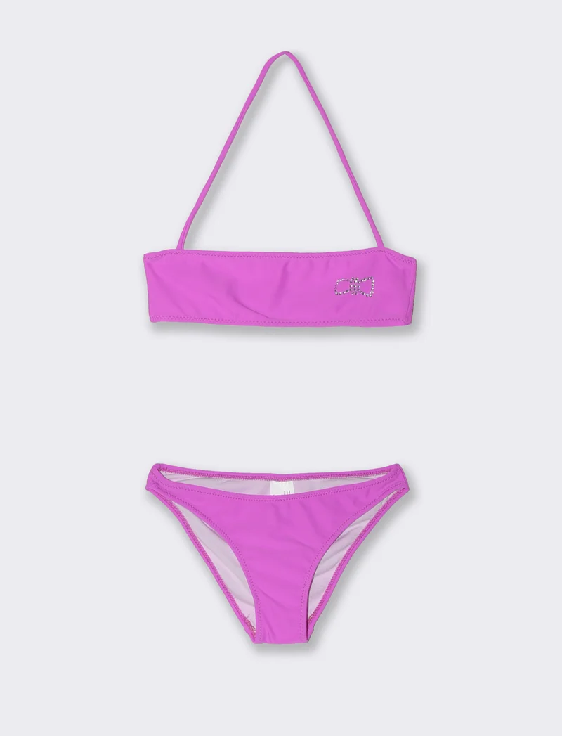 Costume due pezzi bambina con strass fiocco - Viola orchidea