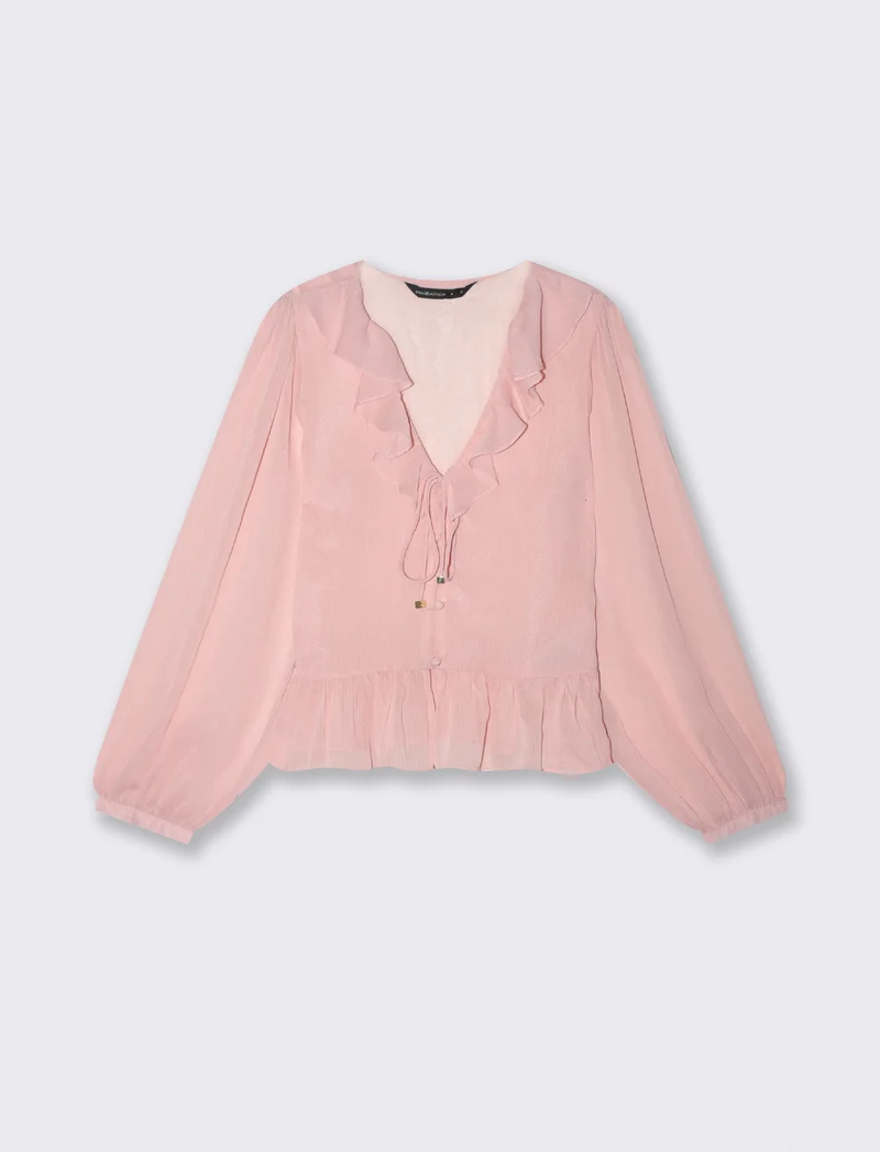 Camicia con scollo a V e volant - Rosa polvere