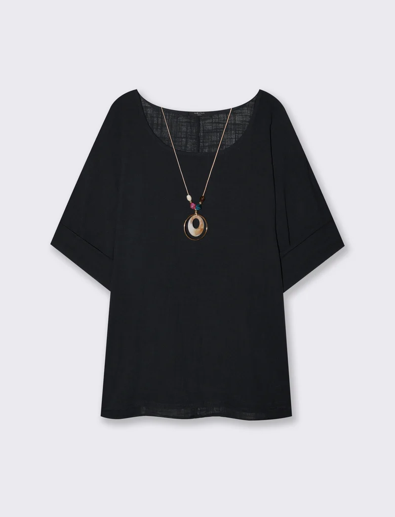 Blusa collo rotondo manica a tre quarti - Nero