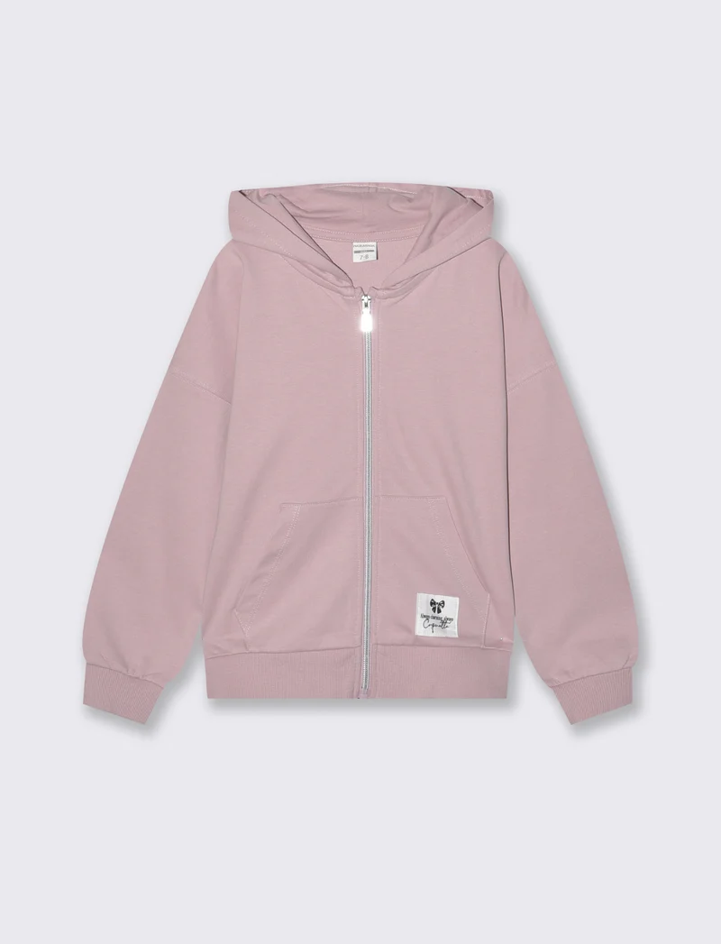 Felpa in french terry con zip e cappuccio - Rosa polvere