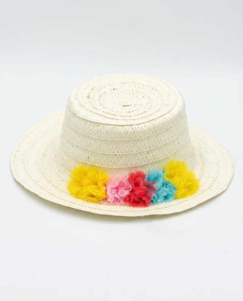 Cappello in paglia con pon pon in tulle - Bianco natural