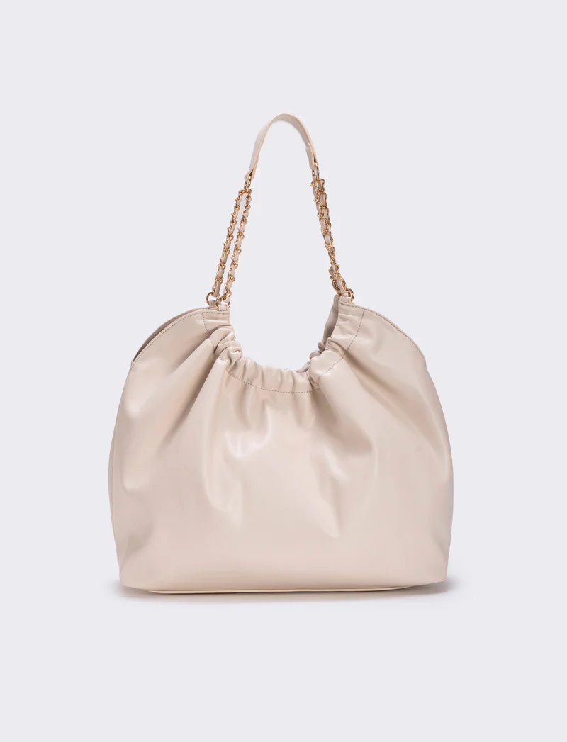 Borsa a sacco con tracolla e catena - Beige