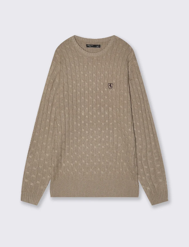 Maglia girocollo a trecce con ricamo - Verde kaki