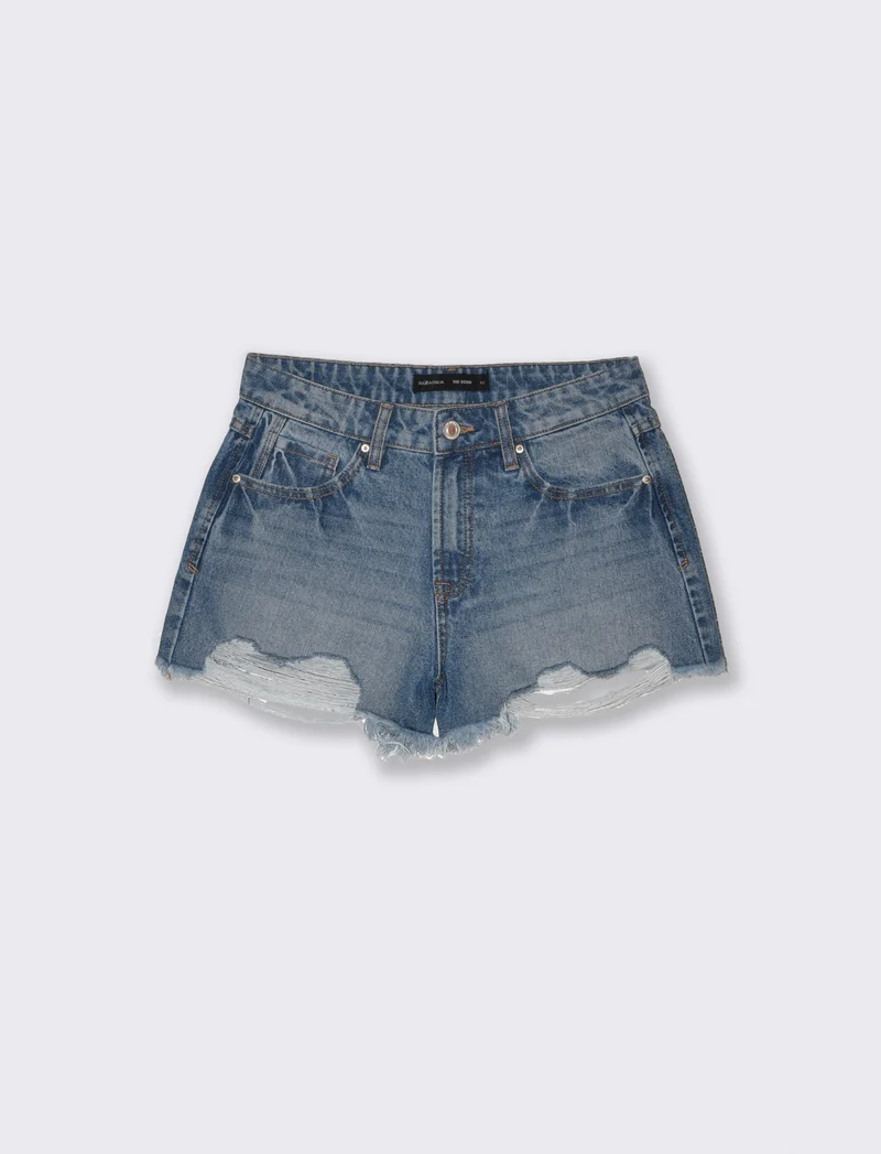 Short in denim a vita alta sfrangiato - Denim