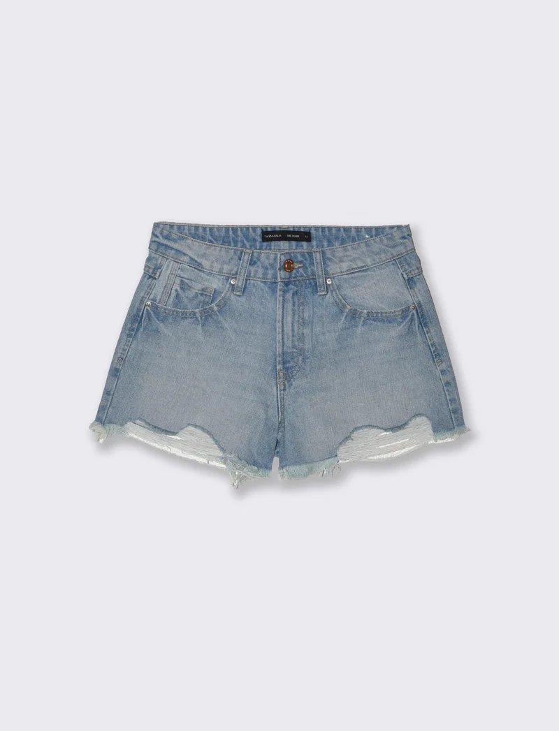 Short in denim a vita alta sfrangiato - Denim chiaro