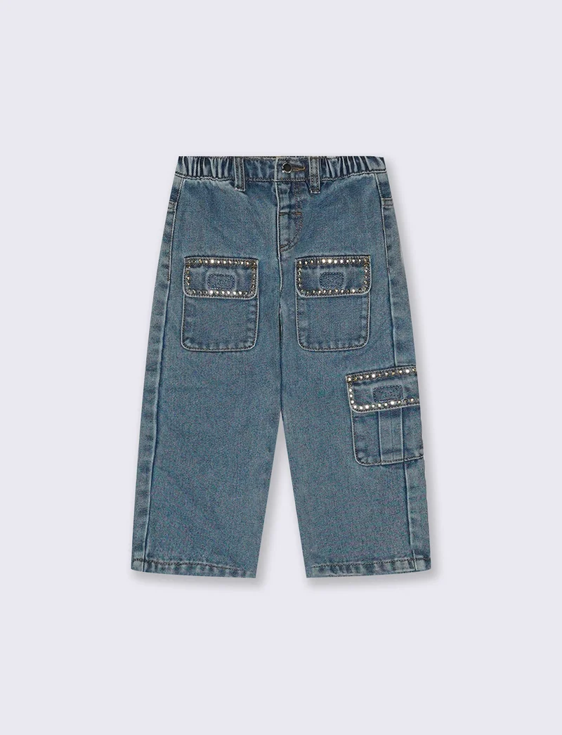Giubbotto in panno con colletto tondo e ricami - Denim