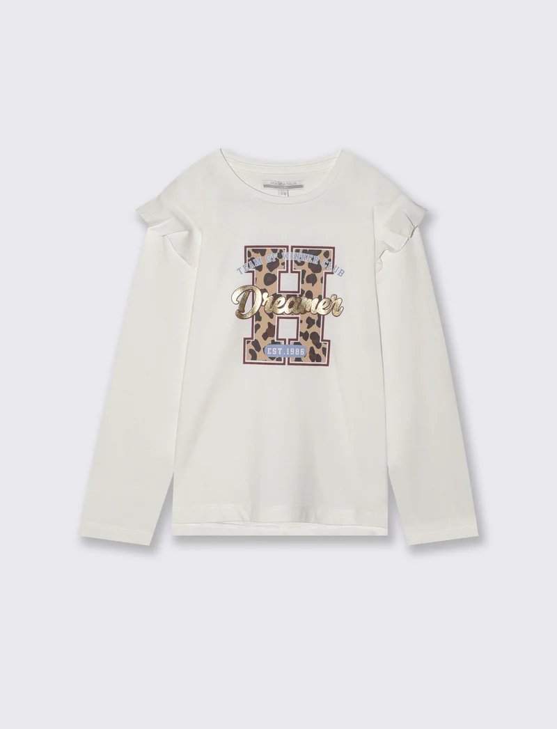 T-shirt lunga con rouches e stampa vivace - Bianco latte
