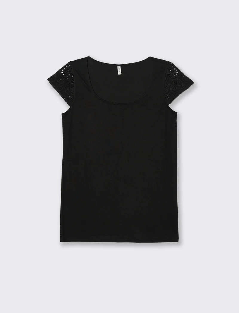 T-shirt con manica in pizzo da donna - Nero