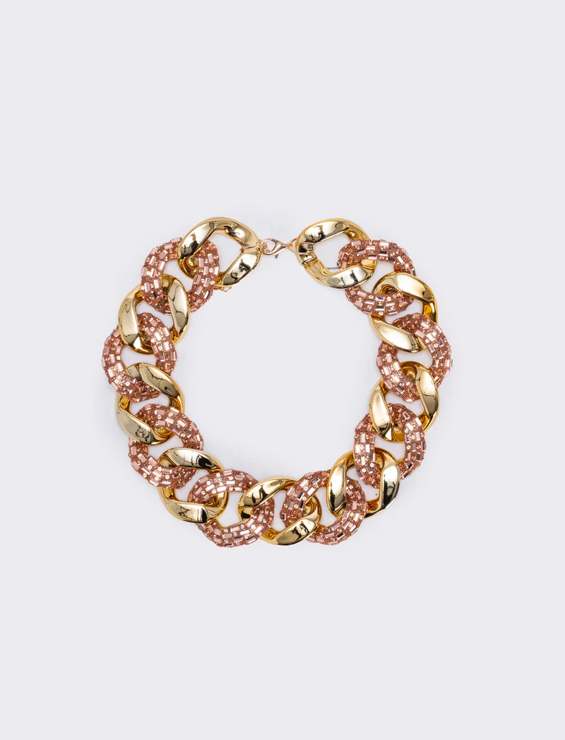Collana grande con strass e catena - Rosa
