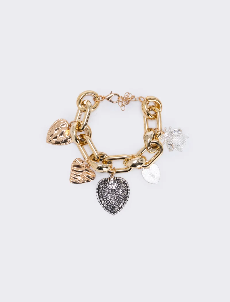 Bracciale a catena con cuori e ciondoli - Oro