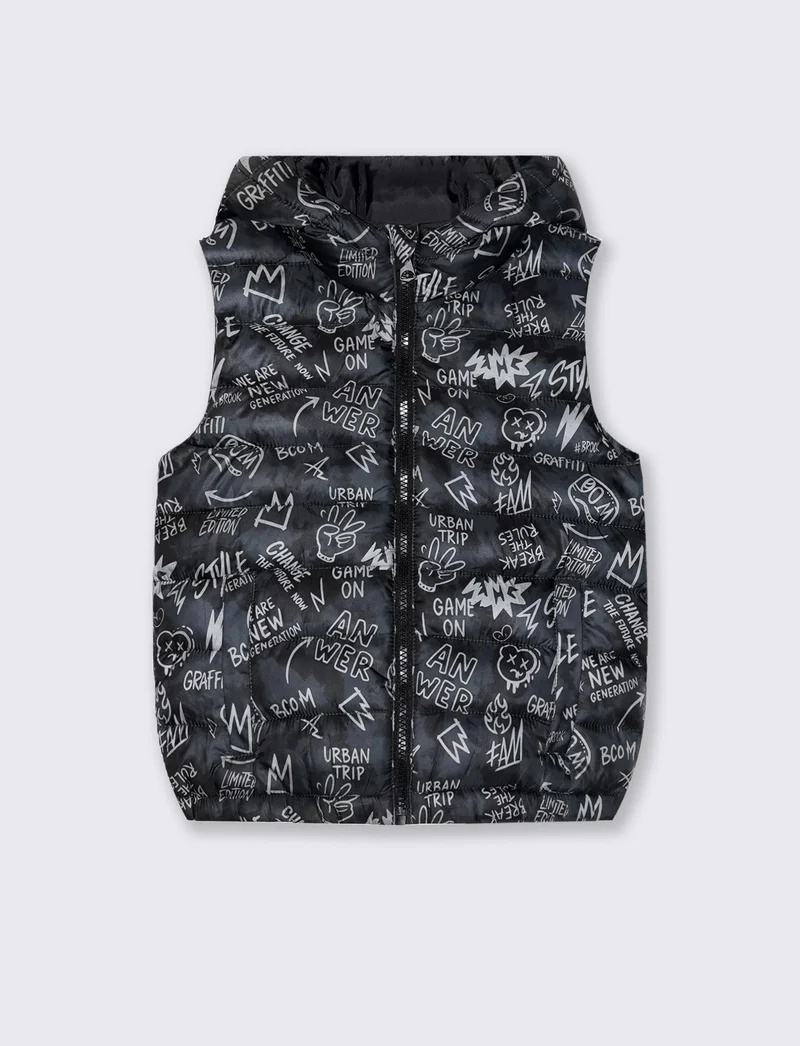 Gilet imbottito con cappuccio e tasche - Fantasia