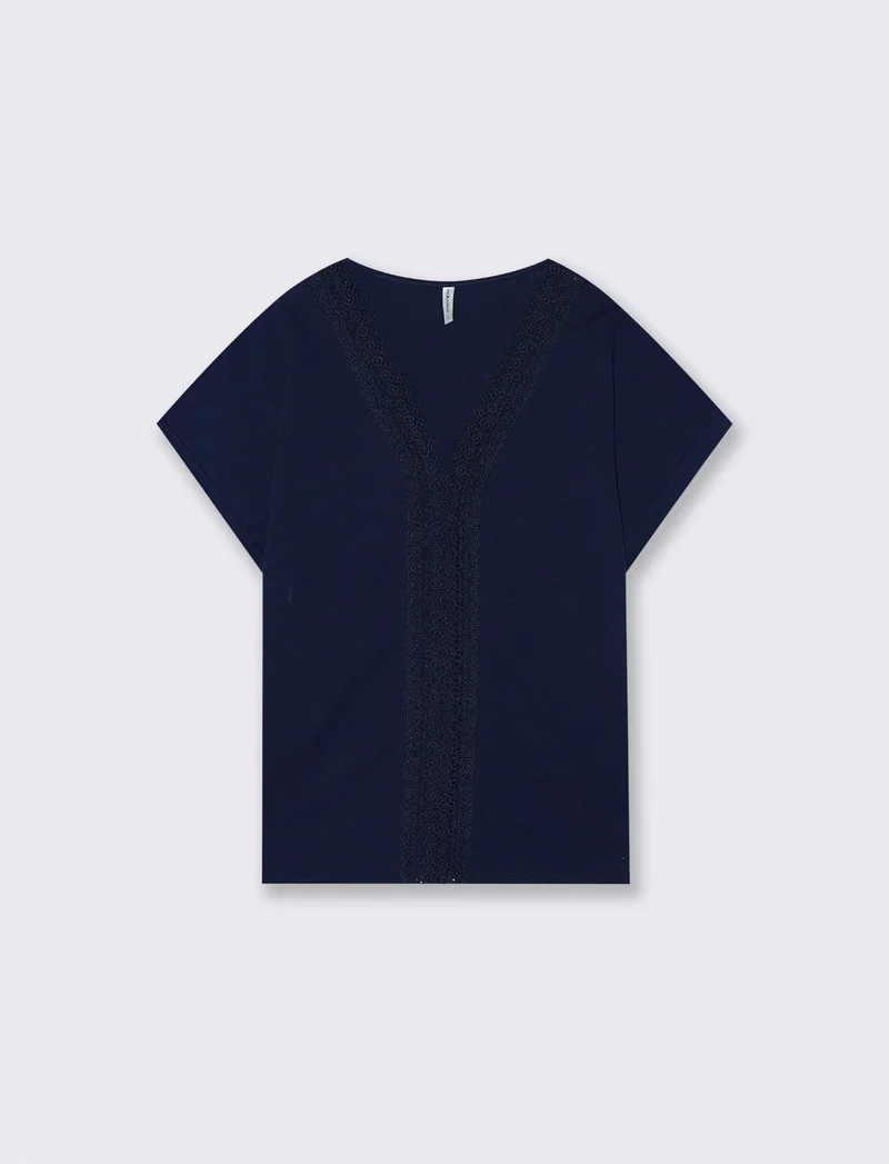 T-Shirt in Cotone con Passamaneria e Pizzo - Blu