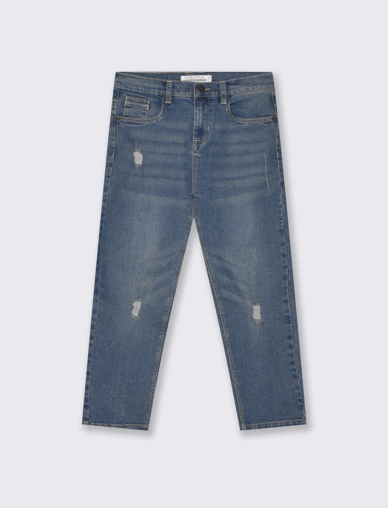 Jeans 5 tasche con rotture e patch - Denim