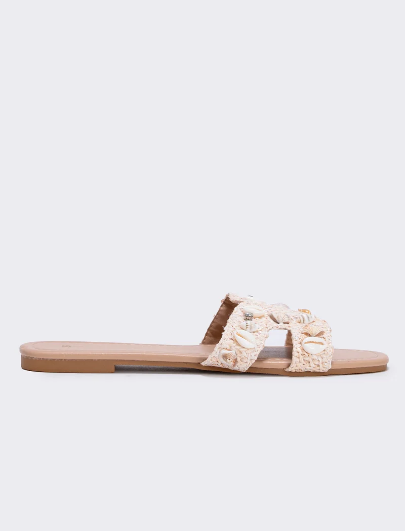 Mule beige effetto paglia con conchiglie - Beige