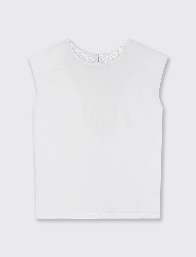 T-Shirt in Cotone con Inserto in Crochet - Bianco