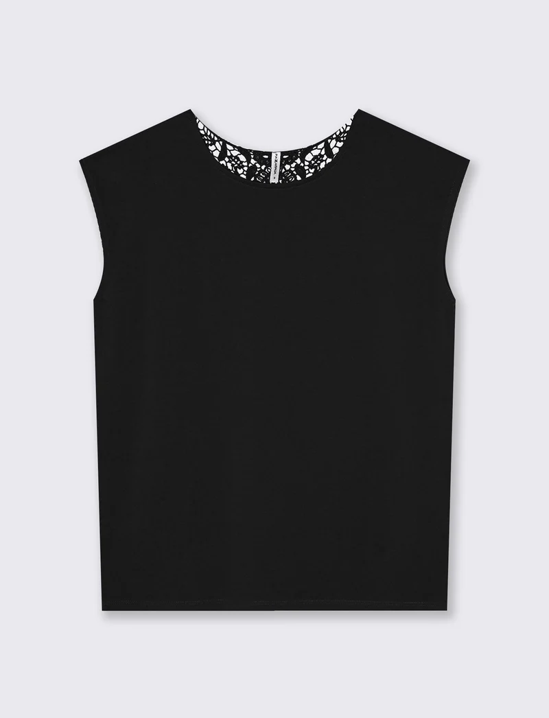 T-Shirt in Cotone con Inserto in Crochet - Nero