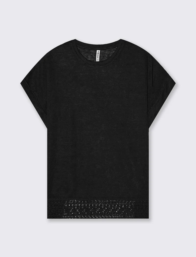 T-Shirt Manica Corta con Pizzo e Risvolto - Nero
