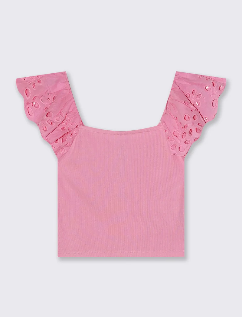Top con pizzo e scollo quadrato a coste - Rosa big bubble