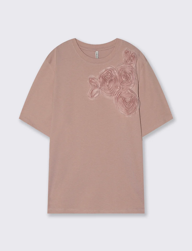 T-Shirt con Fiore Applicato - Rosa antico
