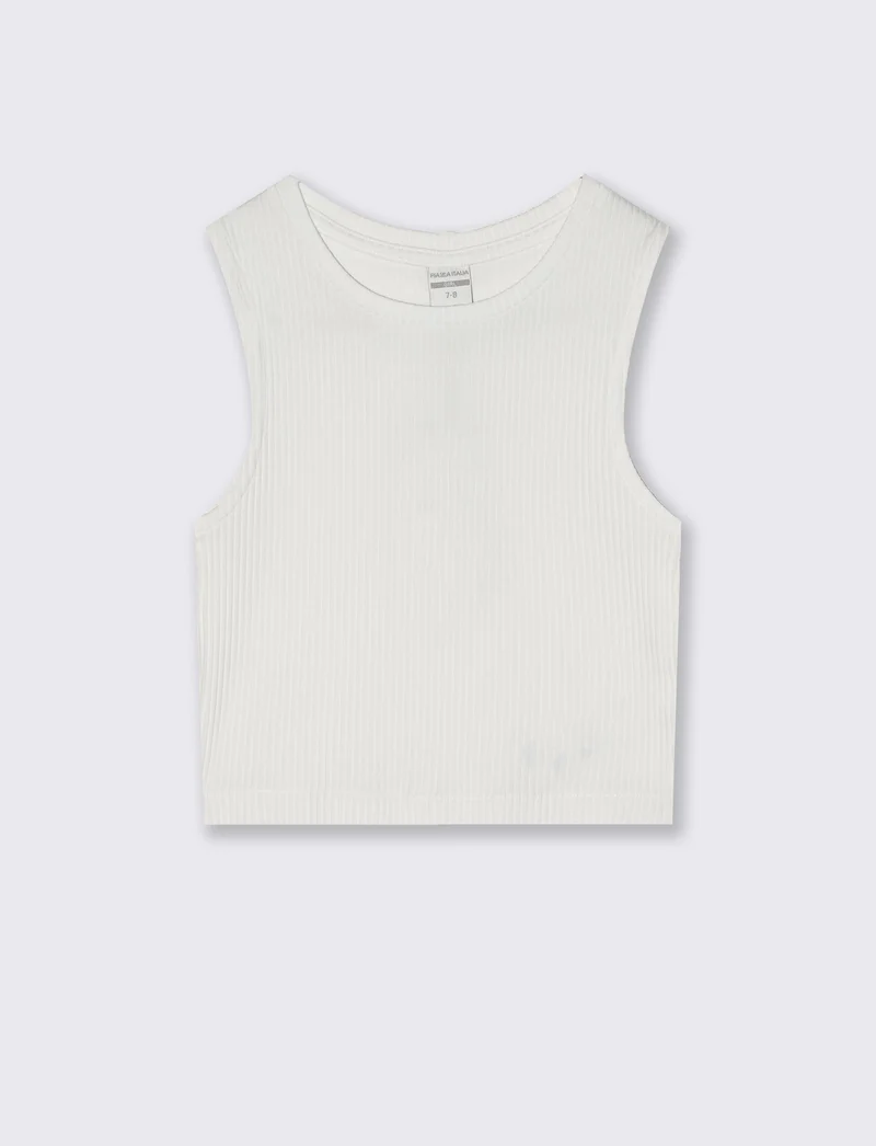 Top cropped in tessuto elastico girocollo - Bianco