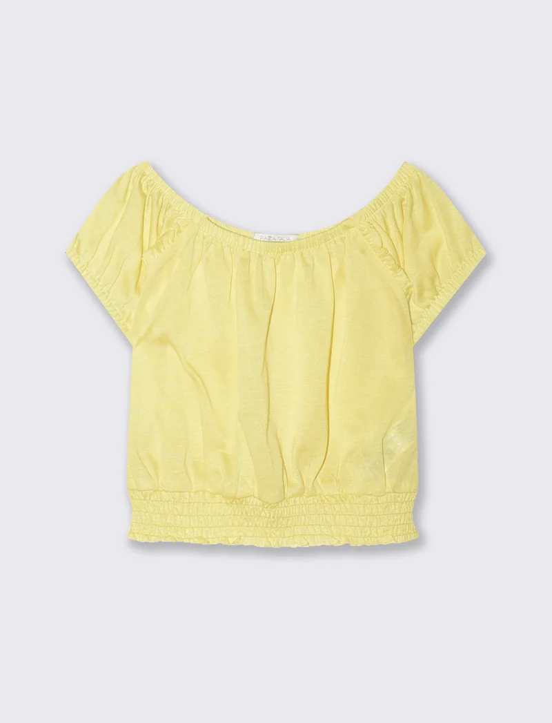 Top scollo a barca con elastico arricciato - Giallo