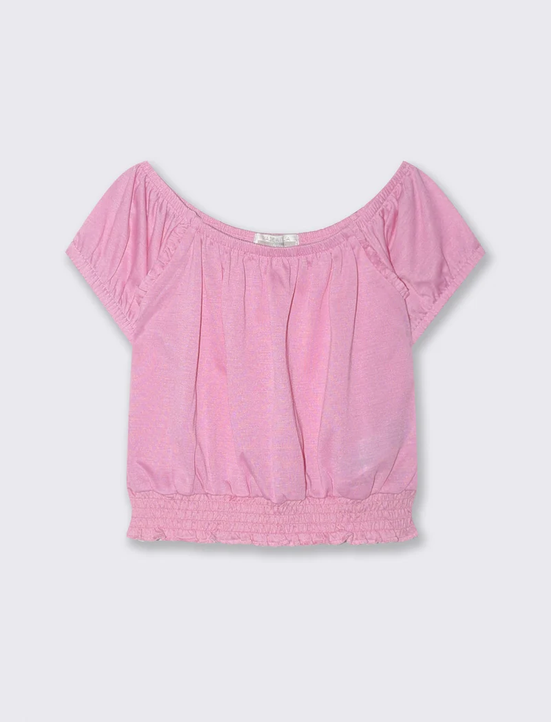 Top scollo a barca con elastico arricciato - Rosa