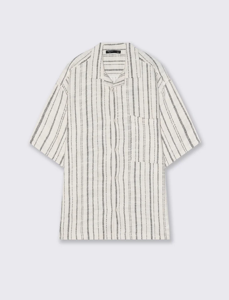 Camicia jacquard a righe maniche corte - Beige ecru