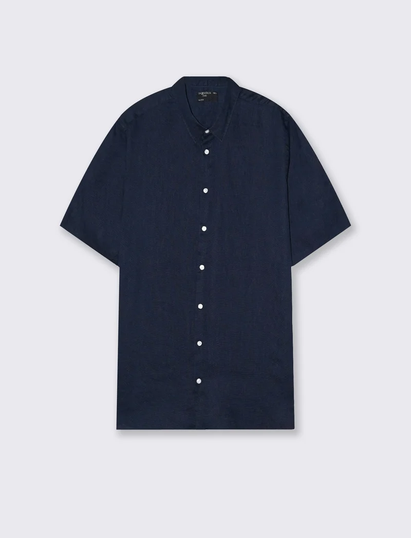 Camicia Lino Manica Corta Regular Fit - Blu