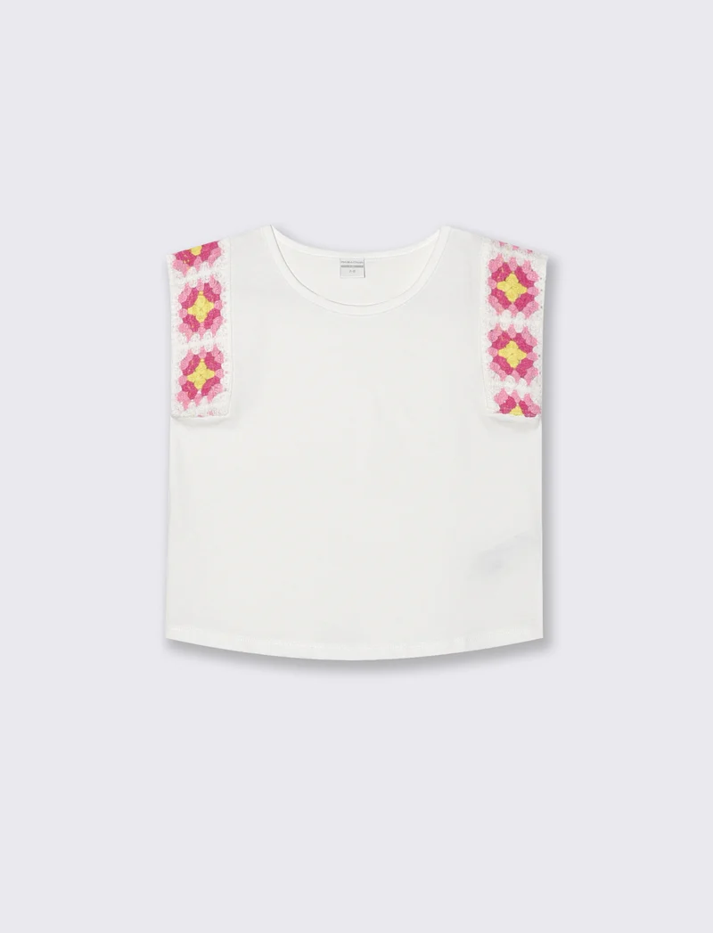 T-Shirt Cotone con Maniche Crochet - Bianco latte