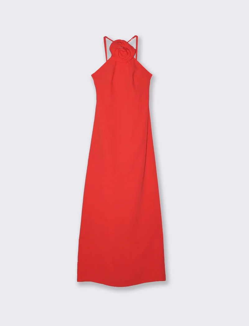 Vestito lungo con spalline e fiore decorativo - Aragosta