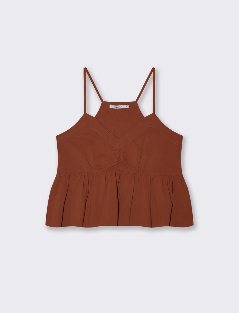 Top Arricciato con Spalline in Cotone - Cognac