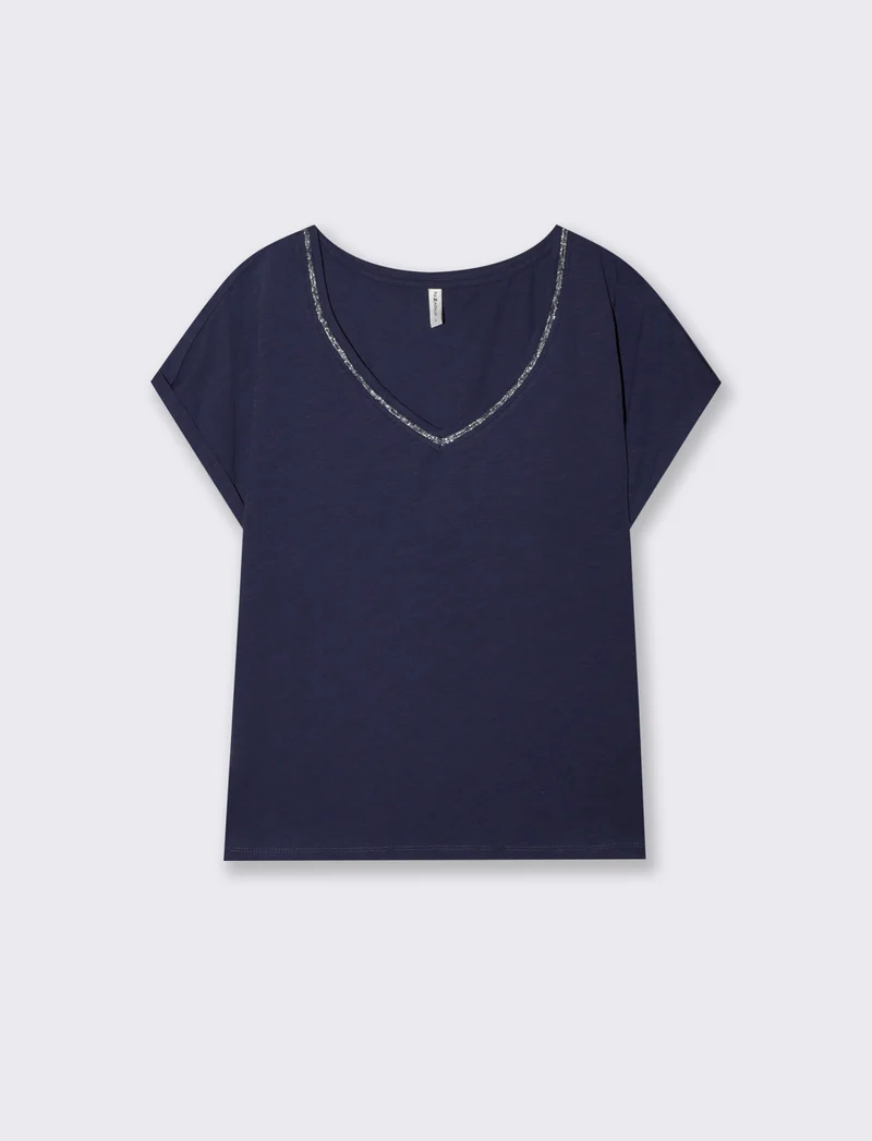 T-Shirt Scollo a V in Cotone Lurex - Blu