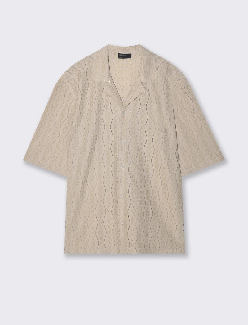 Camicia boxy fit in jacquard di cotone - Beige