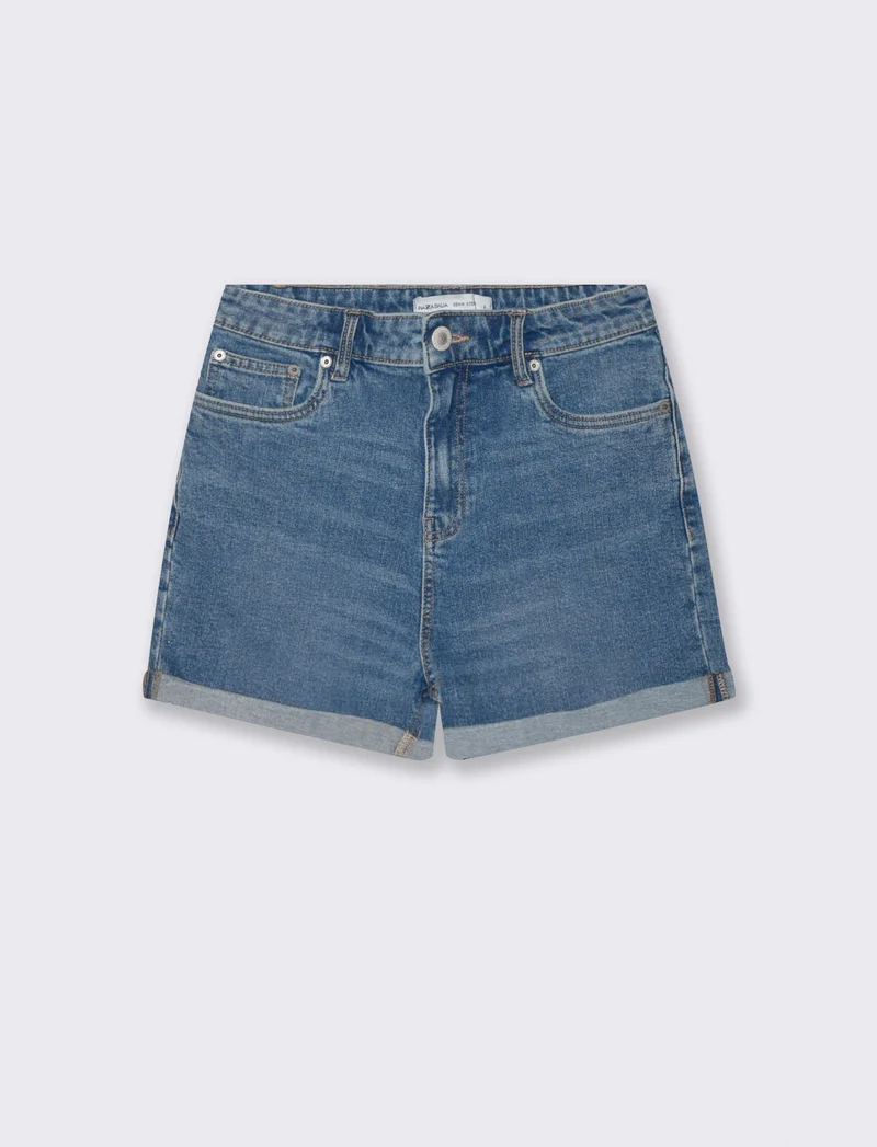 Short vita con bottoni e risvolto - Denim