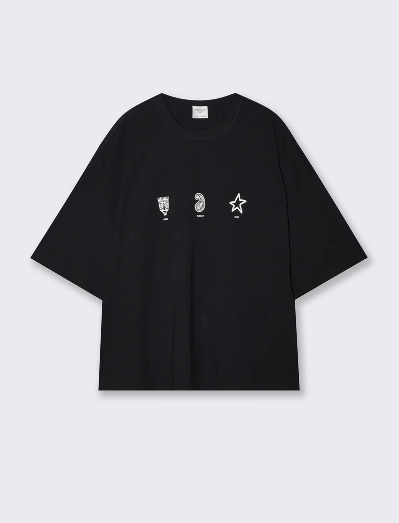 T-shirt boxy fit con stampe e ricami - Nero