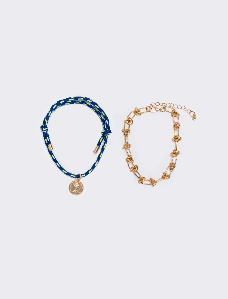Cavigliera in cordoncino e catenina nodi - Blu