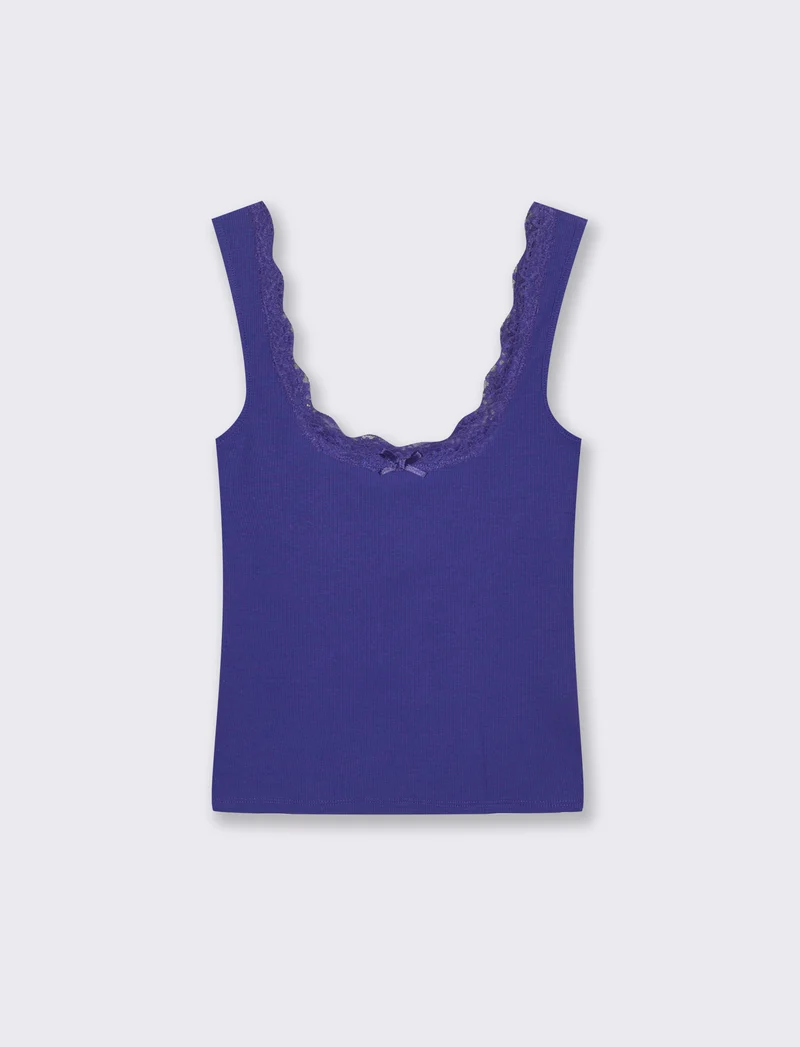 Top in cotone con scollo madonna e fiocco - Blu cobalto