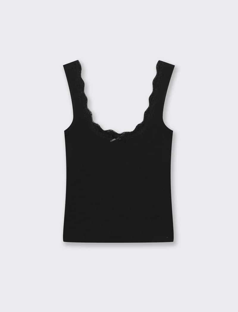 Top in cotone con scollo madonna e fiocco - Nero