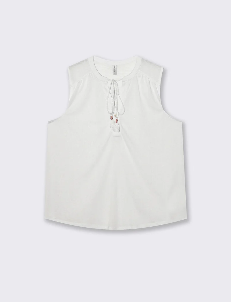 Camicia Giromanica con Scollo a V e Laccetto - Bianco