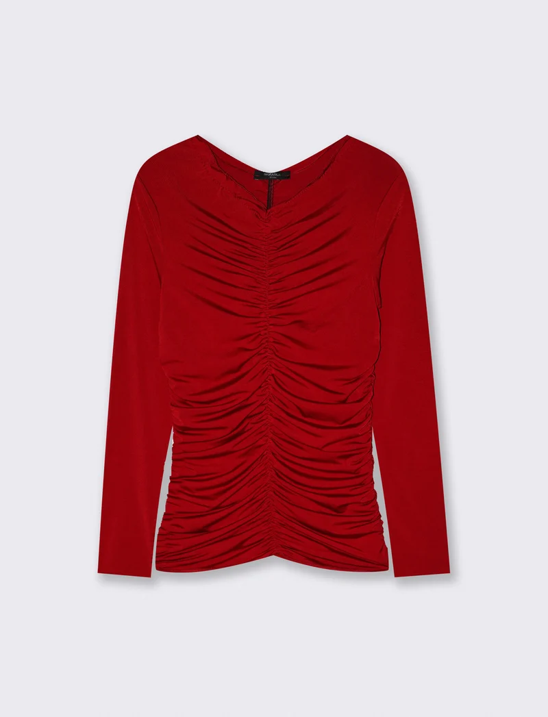 Tshirt elastica manica lunga con arriccio - Rosso