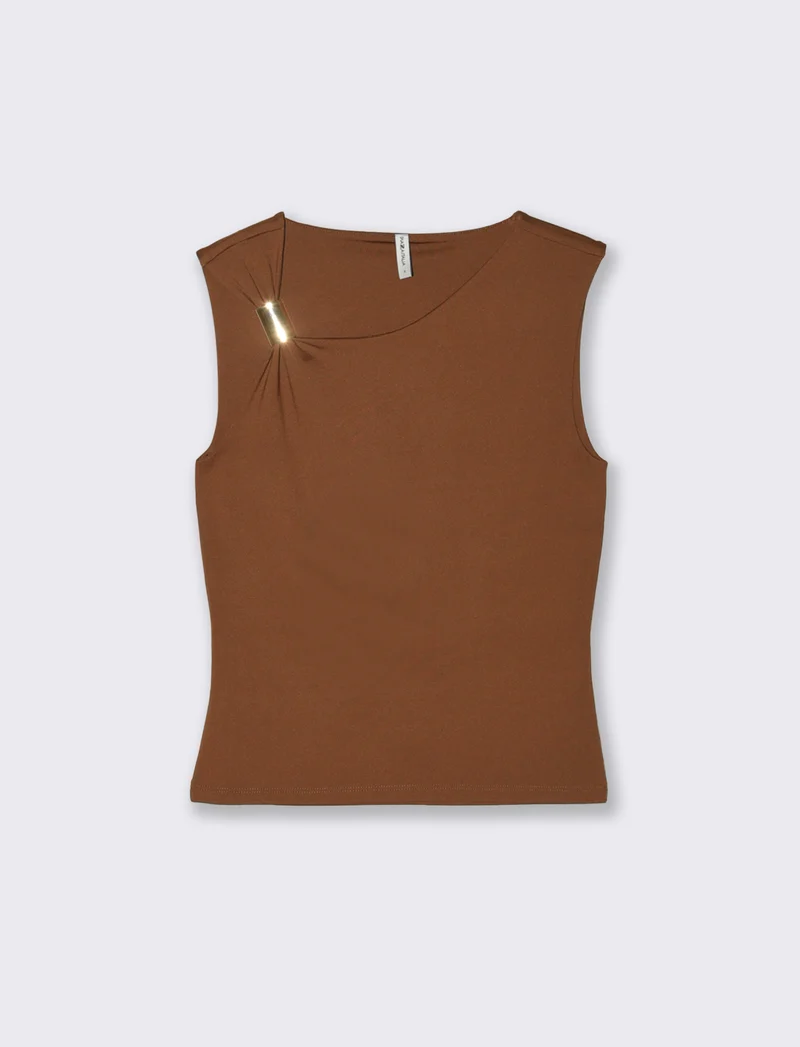 Top asimmetrico con dettaglio gioiello - Marrone tabacco