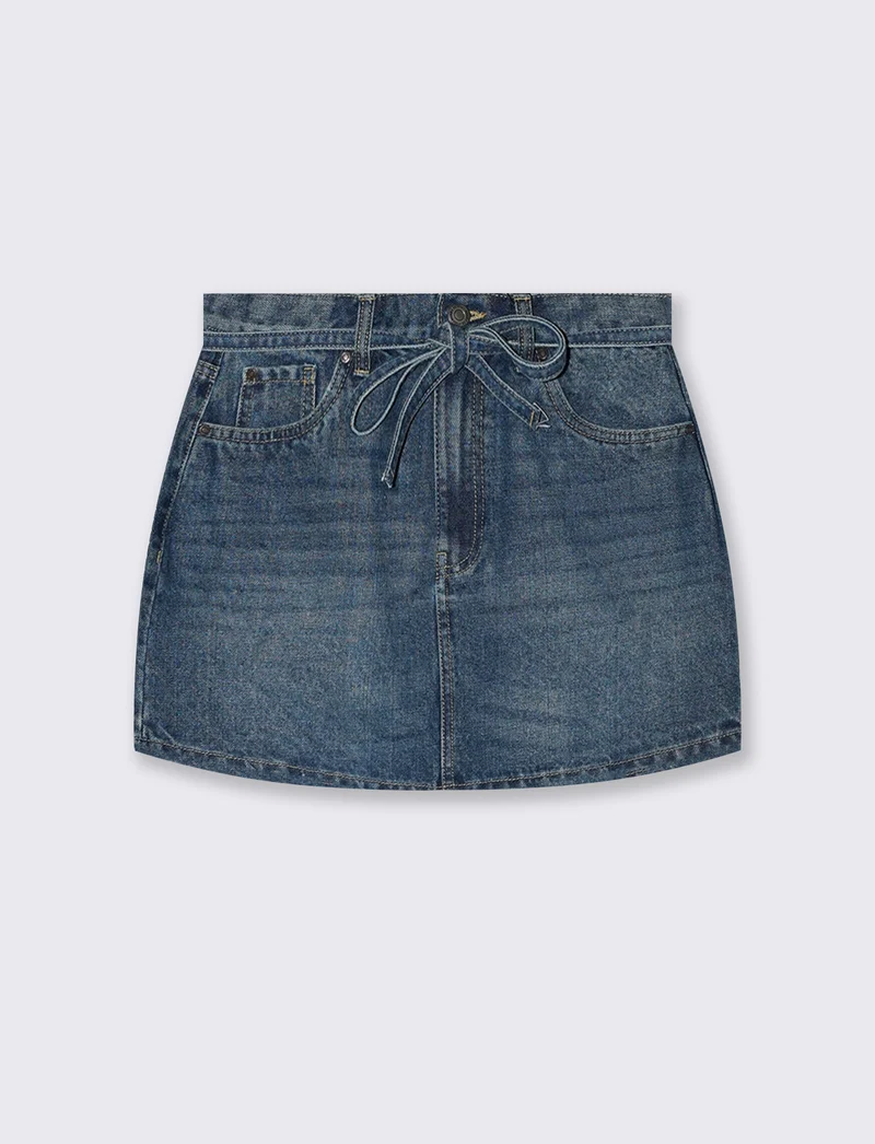 Gonna corta denim con cordino in vita - DENIM SCURO