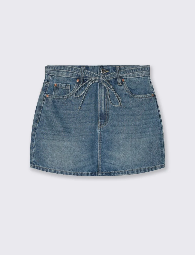Gonna corta denim con cordino in vita - Denim