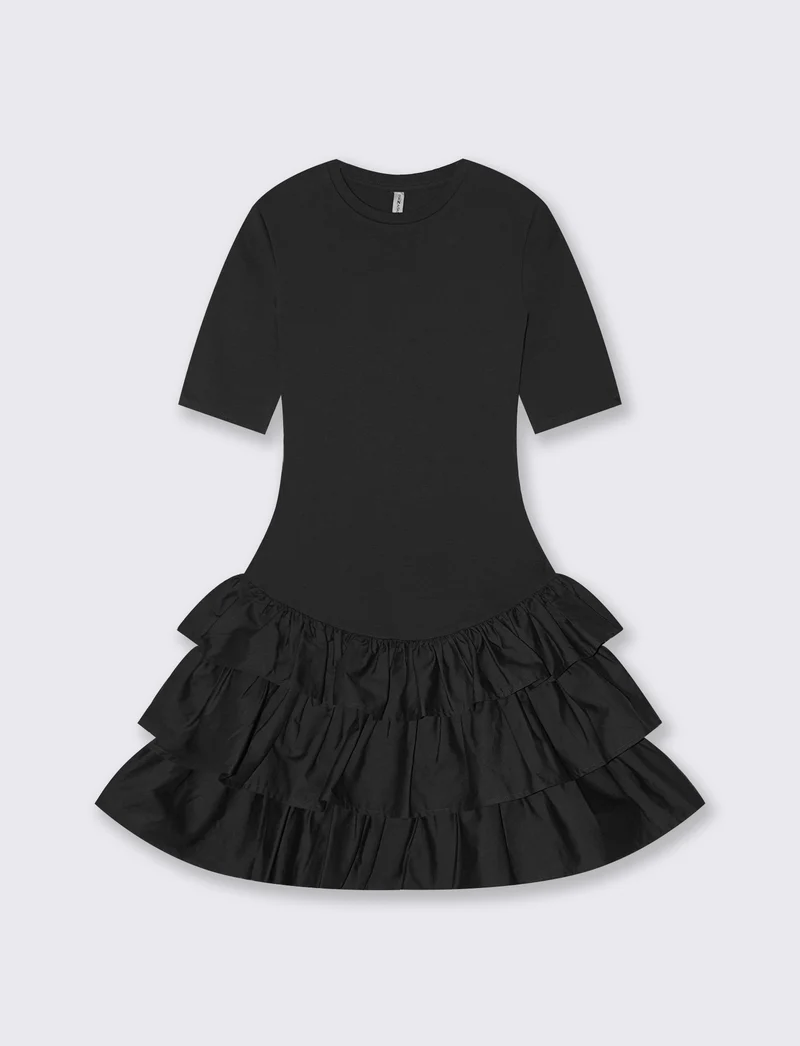 Vestito Corto Mezza Manica con Balze - Nero