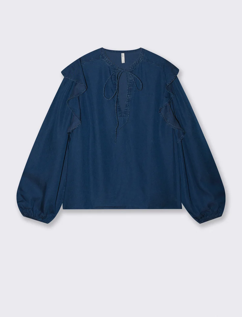 Blusa Manica Lunga con Scollo a V e Rouches - DENIM SCURO