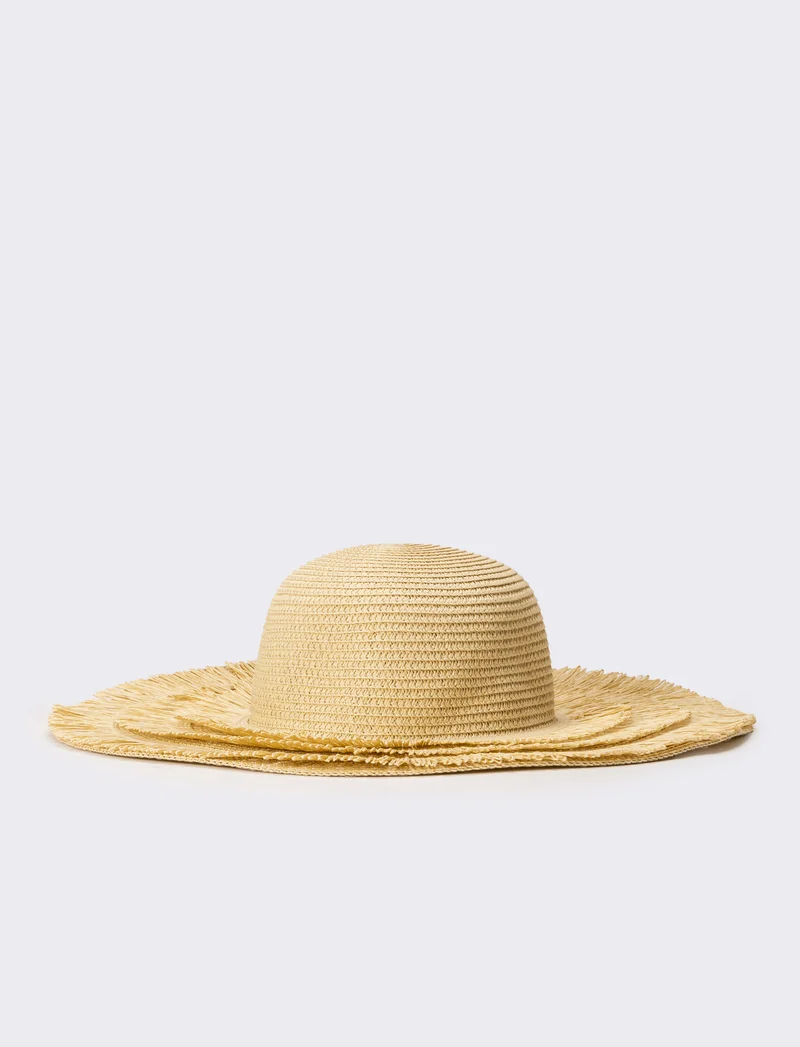 Cappello donna a falda larga con frange in raffia - Naturale