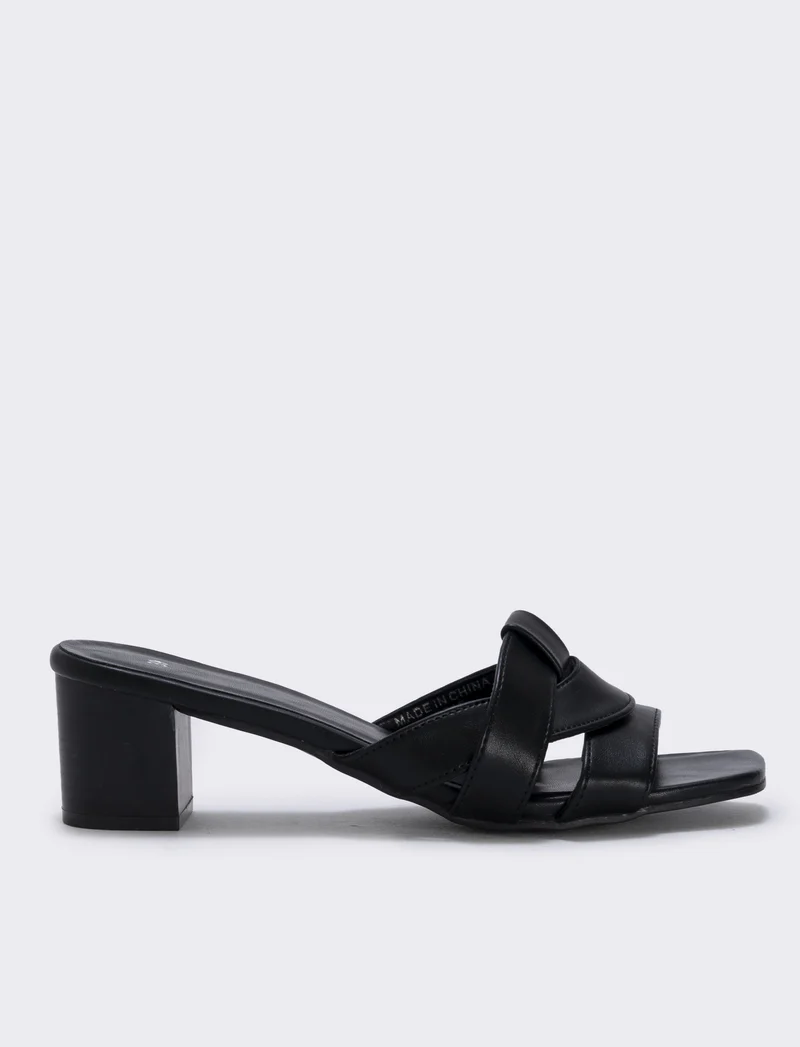 Mule in poliuretano con tacco effetto legno - Nero
