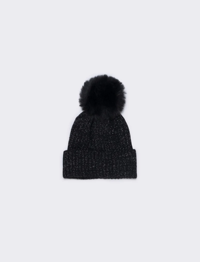 Cappello bambina con pon pon in ciniglia - Nero